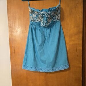 Judith March Anthropologie Teal Embroidered Strapless Dress Size S